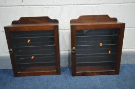 A PAIR OF MAHOGANY SINGLE DOOR COLLECTORS DISPLAY CABINETS, width 45cm x depth 15cm x height 53cm