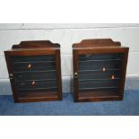 A PAIR OF MAHOGANY SINGLE DOOR COLLECTORS DISPLAY CABINETS, width 45cm x depth 15cm x height 53cm