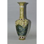 A ROYAL DOULTON STONEWARE BALUSTER VASE, mottled blue/green glaze with relief decorated foliate