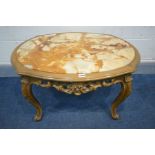 A REPRODUCTION LOUIS XV STYLE COFFEE TABLE, with a marble insert, width 83cm x depth 63cm x height