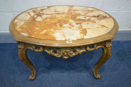 A REPRODUCTION LOUIS XV STYLE COFFEE TABLE, with a marble insert, width 83cm x depth 63cm x height