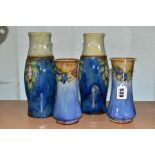 TWO PAIRS OF ROYAL DOULTON STONEWARE VASES, the smaller pair of conical form with flared rims,