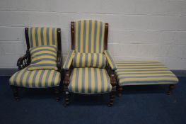 A LATE VICTORIAN WALNUT ARMCHAIR, along similar chair and modern footstool, all reupholstered in