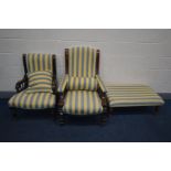 A LATE VICTORIAN WALNUT ARMCHAIR, along similar chair and modern footstool, all reupholstered in