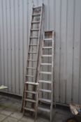 A SET OF ALIMINIUM DOUBLE EXTENSION LADDERS, length 350cm (Sd), another set of aluminium step