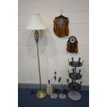 A VINTAGE GENTLEMANS HANGING BAROMETER AND BRUSH SET, a similar mirror and brush set, a three tier