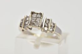 A 9CT GOLD DIAMOND RING, the ring head of a rectangular form, set with six princess cut diamonds,