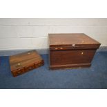 A VINTAGE STAINED PINE TOOL CHEST, width 74cm x depth 51 x height 49cm and an oak three drawer index