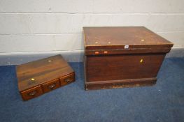 A VINTAGE STAINED PINE TOOL CHEST, width 74cm x depth 51 x height 49cm and an oak three drawer index