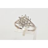 A 9CT WHITE GOLD DIAMOND CLUSTER RING, cluster designed with claw set, round brilliant cut diamonds,
