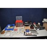 TWO TRAYS AND TWO TOOLBOX CONTAINING ELECTRONIC COMPONENTS AND TEST EQUIPMENT including Starrett,