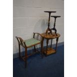 AN ARTS AND CRAFTS BEECH STOOL, along with an oak oval top barley twist occasional table, and two