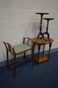 AN ARTS AND CRAFTS BEECH STOOL, along with an oak oval top barley twist occasional table, and two