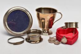 A SELECTION OF SILVER AND WHITE METAL ITEMS, to include a small silver cup, plain polished design,