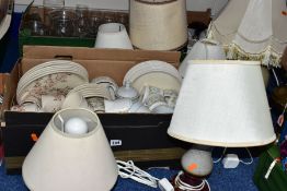 THREE BOXES AND LOOSE CERAMICS, GLASS WARES AND TABLE LAMPS, ETC, to include Hornsea Fleur,