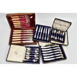 TWO CASED SETS OF SILVER TEASPOONS, TWO SETS OF SILVER HANDLED KNIVES, AND A SET OF SILVER AND IVORY