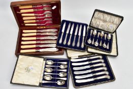 TWO CASED SETS OF SILVER TEASPOONS, TWO SETS OF SILVER HANDLED KNIVES, AND A SET OF SILVER AND IVORY