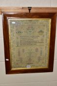 A 19TH CENTURY MAPLE FRAMED CHILDS NEEDLEWORK SAMPLER, named for Lois Slater, undated, a religious