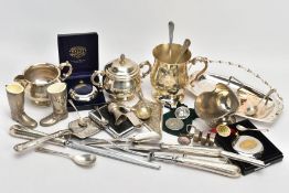 A BOX OF WHITE METAL WARE, to include an E.P.C bell shape tankard, engraved 'Contract Services
