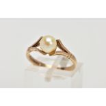 A 9CT GOLD, CULTURED PEARL DRESS RING, designed with a single cultured pearl, measuring