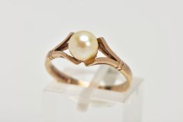A 9CT GOLD, CULTURED PEARL DRESS RING, designed with a single cultured pearl, measuring