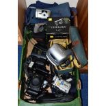 A BOX OF CAMERAS AND PHOTOGRAPHIC EQUIPMENT to include a boxed Nikon Coolpix L20 with instructions
