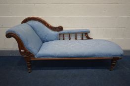 A VICTORIAN WALNUT CHAISE LONGUE, covered in pale blue fabric, length 190cm