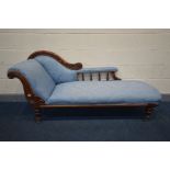 A VICTORIAN WALNUT CHAISE LONGUE, covered in pale blue fabric, length 190cm