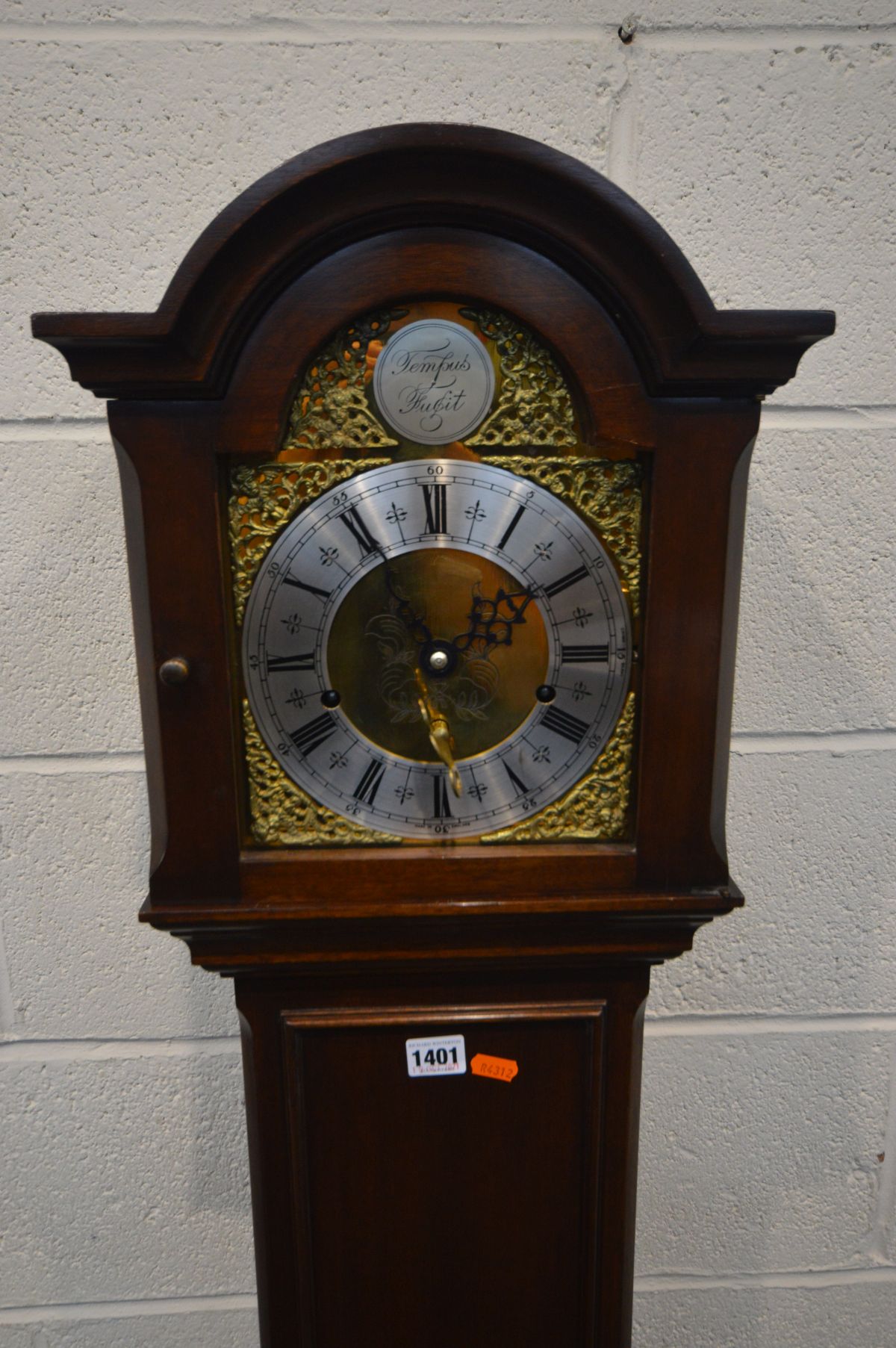 A MAHOGANY EIGHT DAY GRANDDAUGHTER CLOCK, with a brass and silvered dial, tempus fugit label to - Image 2 of 5