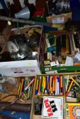 FIVE BOXES AND LOOSE SUNDRY ITEMS, ETC, to include an Olympic Super Delux hockey stick with 1956