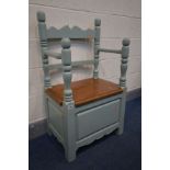 A PARTIALLY GREEN PAINTED PINE AND HARD WOOD SINGLE SEAT HALL SETTLE, width 60cm x depth 43cm x