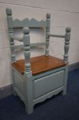 A PARTIALLY GREEN PAINTED PINE AND HARD WOOD SINGLE SEAT HALL SETTLE, width 60cm x depth 43cm x