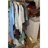 A QUANTITY OF VINTAGE AND LATER LADIES AND GENTS CLOTHING, SHOES, UNDERGARMENTS, HATS, BAGS etc
