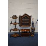 A REPRODUCTION WALNUT FOUR TIER CORNER WHAT NOT, along with an oak hanging unit, a hardwood and