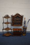 A REPRODUCTION WALNUT FOUR TIER CORNER WHAT NOT, along with an oak hanging unit, a hardwood and