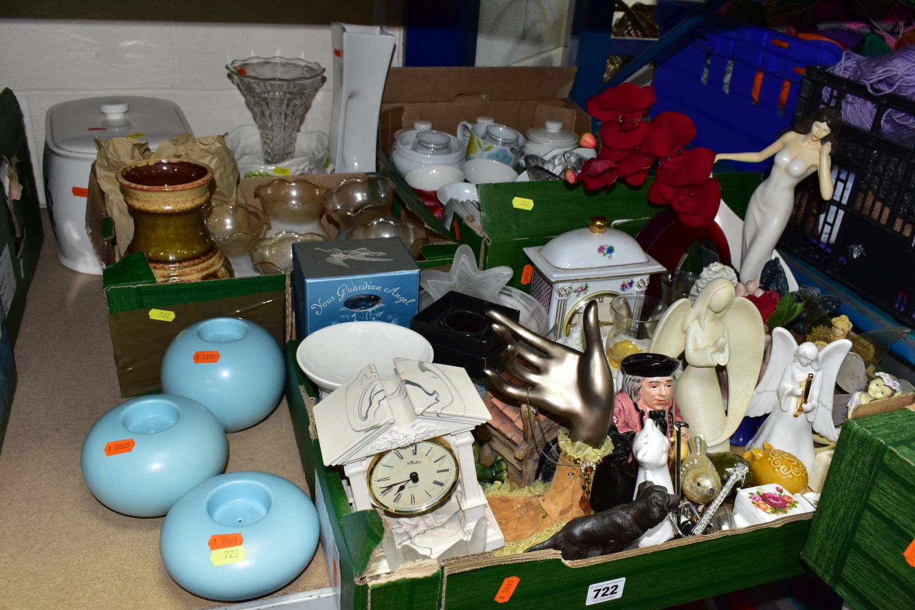 THREE BOXES AND LOOSE CERAMICS, GLASSWARES, ETC, to include an Aynsley Portlandware clock, novelty