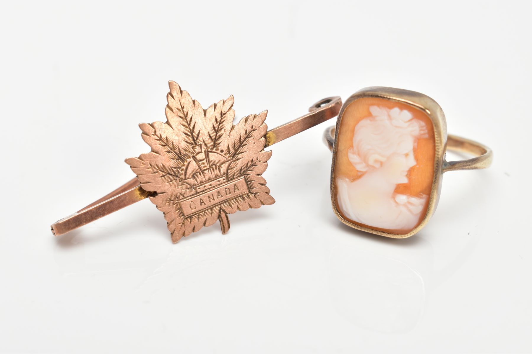 A YELLOW METAL CAMEO RING AND A YELLOW METAL BROOCH, carved shell cameo of a rectangular form, - Image 2 of 3