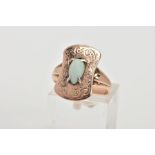 AN EARLY 20TH CENTURY 9CT GOLD OPAL RING, the ring head of a rounded rectangular shape decorated
