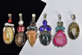 SIX WHITE METAL SEMI-PRECIOUS GEMSTONE SET PENDANTS, large decorative pendants, set with agates,