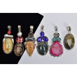 SIX WHITE METAL SEMI-PRECIOUS GEMSTONE SET PENDANTS, large decorative pendants, set with agates,