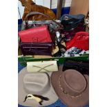 A BOX OF HANDBAGS, HATS, SHOES, ETC, to include Tula Julian McDonald, Marks and Spencer and other