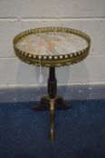A REPRODUCTION LOUIS XVI STYLE WINE TABLE, with a marble insert, brass gallery and mounts,