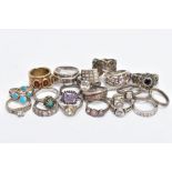 A BAG OF ASSORTED WHITE METAL RINGS, twenty-one rings, some set with paste or semi-precious