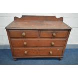 A VICTORIAN STAINED PINE CHEST OF TWO OVER TWO LONG DRAWERS, with a raised back, width 107cm x depth