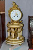 AN ORMOLU AND WHITE MARBLE FRENCH MANTLE CLOCK, circa 1890, the drum case is surmounted by a birds