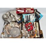 TWO BOXES OF ASSORTED WHITE METAL WARE, FLATWARE ETC, to include five boxed sets of 'Oneida'