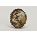 AN EARLY VICTORIAN MEMORIAL BRACELET CLASP, of an oval form, hand painted portrait of a lady sitting