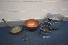 A LARGE COPPER PAN, with a hooped brass handle, along with a copper mixing bowl, brass ring,