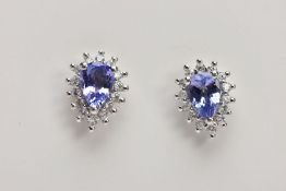 A PAIR OF 9CT WHITE GOLD TANZANITE CLUSTER EARRINGS, each of a tear drop shape, set with a central