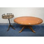 AN OVAL CHERRY WOOD PEDESTAL COFFEE TABLE, length 111cm x depth 65cm x height 54cm, and a mahogany